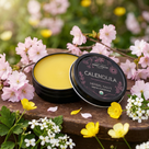 Calendula herbal salve container with flowers in the background