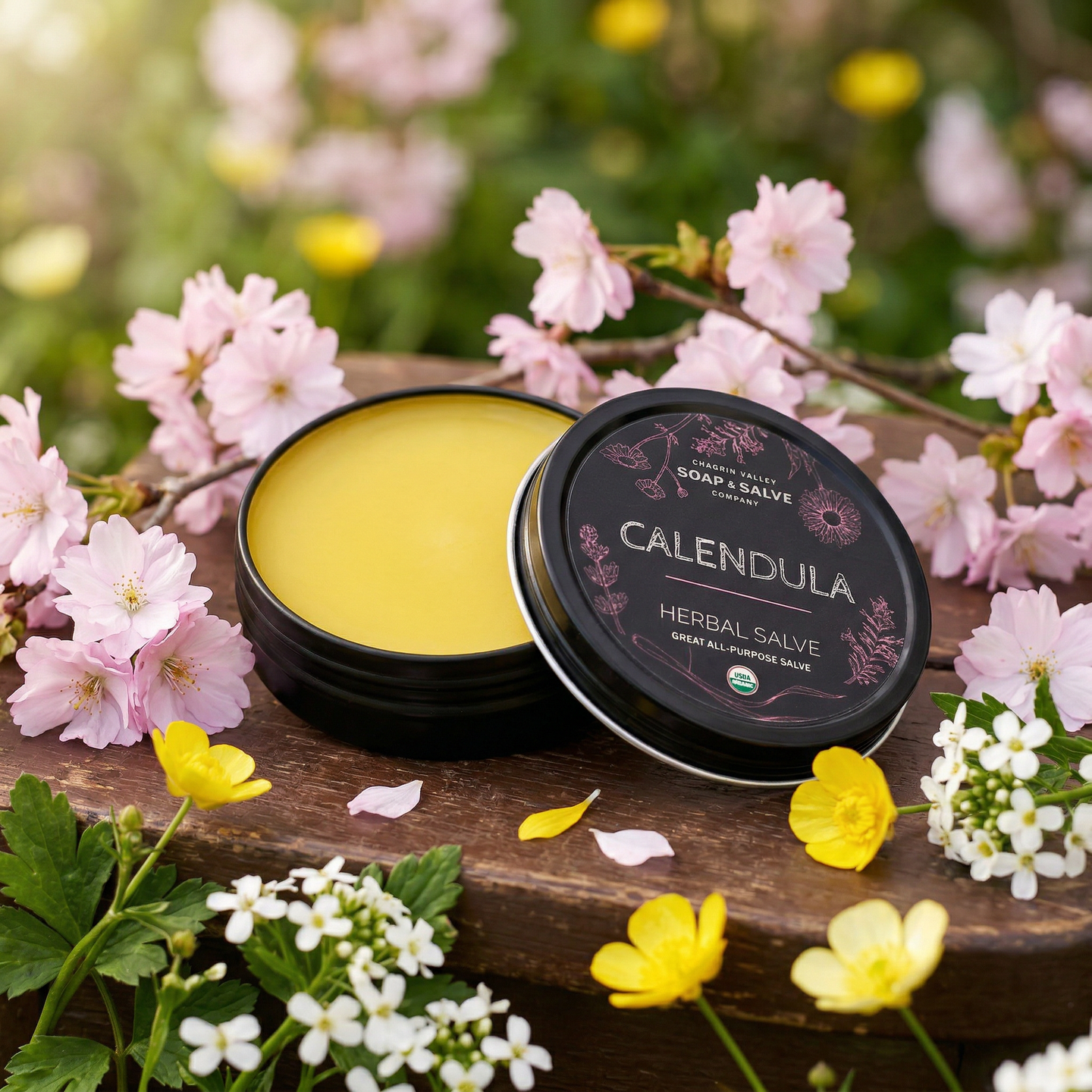 Calendula herbal salve container with flowers in the background