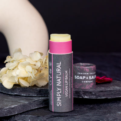 natural vegan lip balm stick displayed on slate with dried flowers in background.