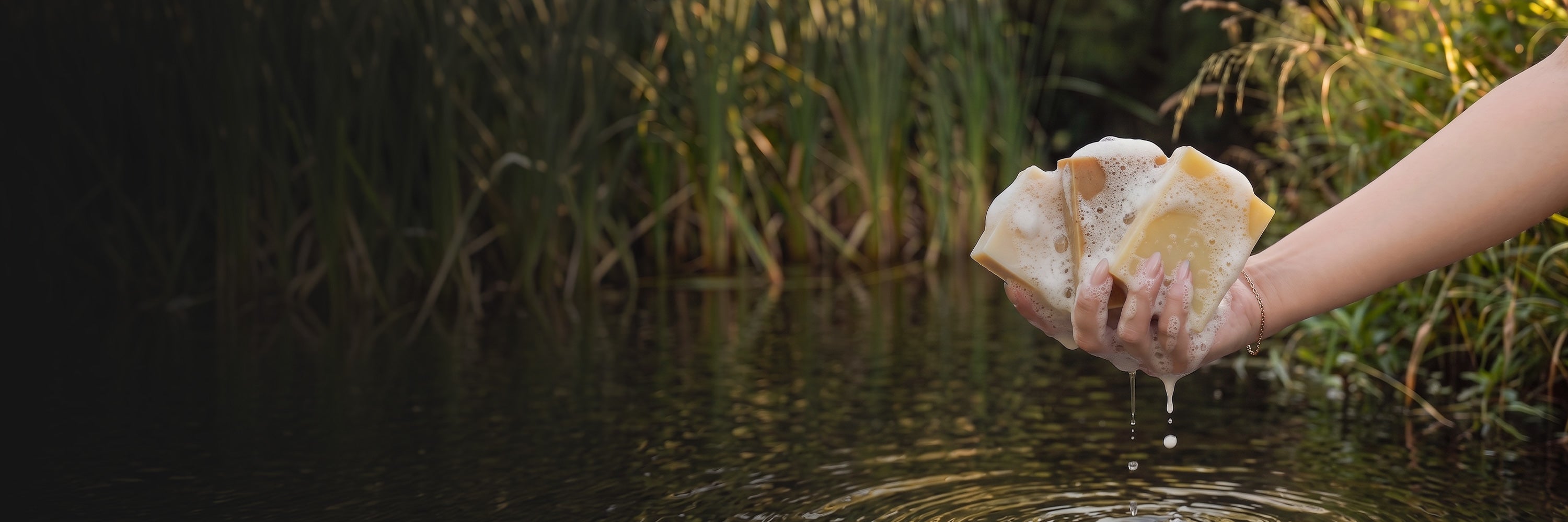 A close-up of a hand holding a textured, beige sponge or scrubber above a dark body of water, with tall green reeds in the background.