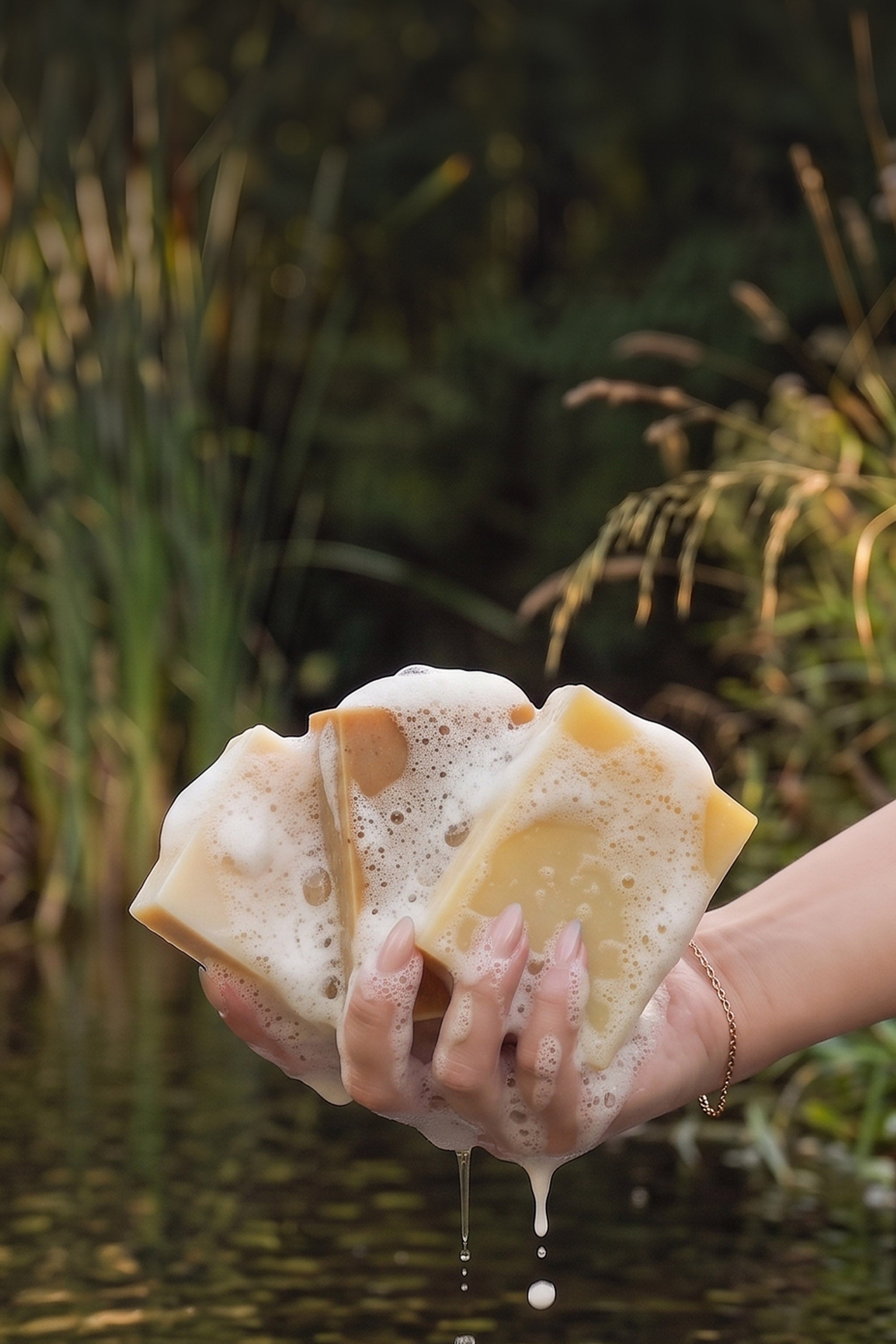 Two hands holding two bars of handmade soap covered in lather foam, with soap dripping, set against a blurred natural background of water and reeds.