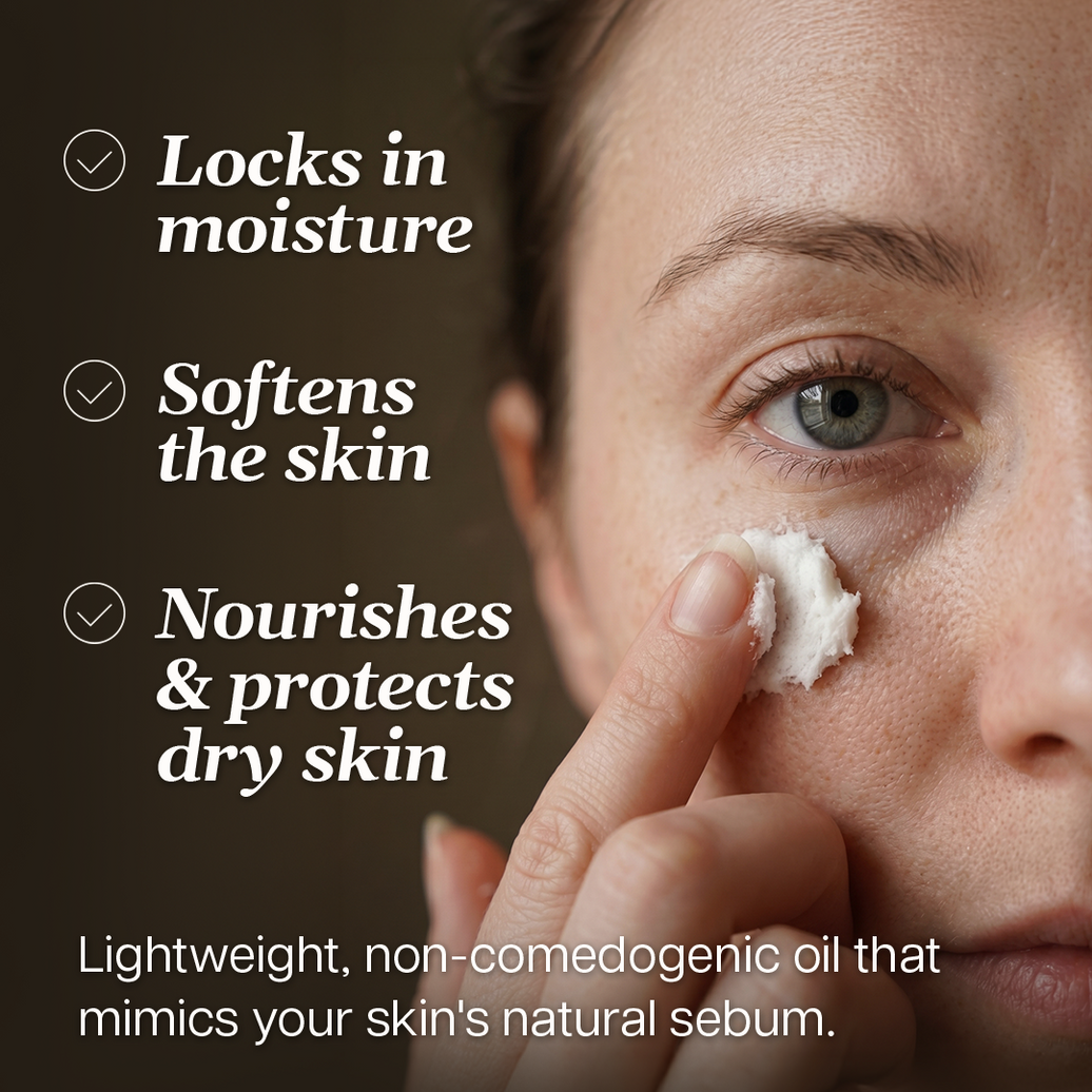 A close-up of a person applying whipped squalane face & eye cream to their skin, highlighting its moisturizing properties.