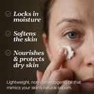 A close-up of a person applying whipped squalane face & eye cream to their skin, highlighting its moisturizing properties.
