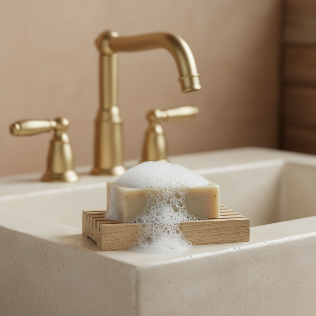White oak soap deck in bathroom