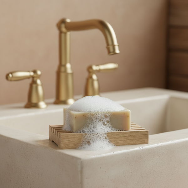 White oak soap deck in bathroom
